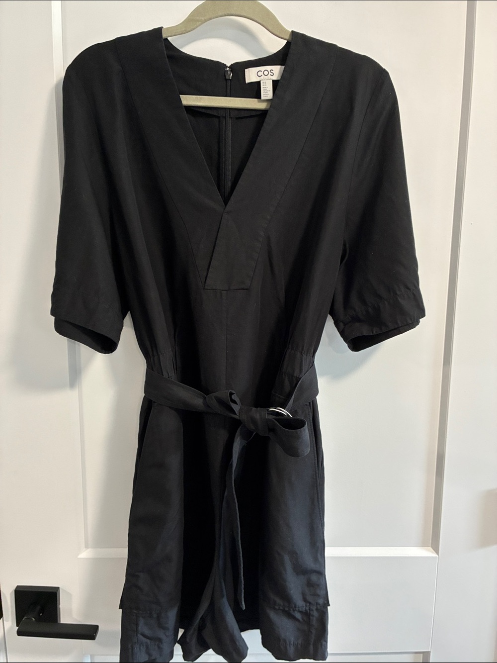 COS Black V-Neck Romper with Waist Tie and pockets- size 12